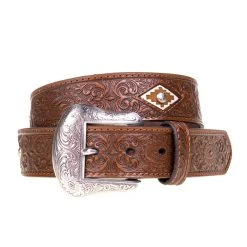 Mf Western Products Men`s Tooled Scroll Leather Belt W/ Diamond Cutout Detailing
