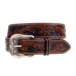 Western Fashion Men's Cognac Floral Tooled Belt With Black Background