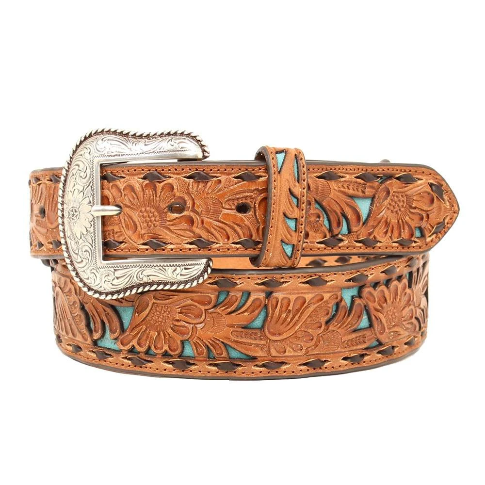 Mf Western Products Mens Nocona Tapered Floral Belt With Turquoise Underlay 1 Mf Western Products Mens Nocona Tapered Floral Belt With Turquoise Underlay