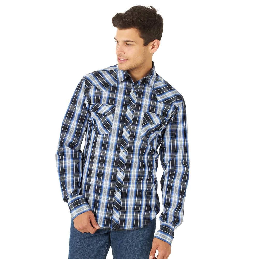Wrangler Men's Long Sleeve Blue And Black Plaid Snap Shirt 1 Wrangler Men's Long Sleeve Blue And Black Plaid Snap Shirt