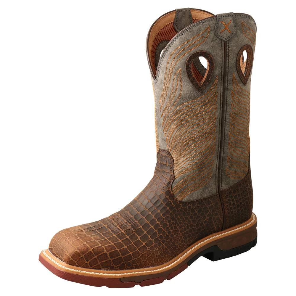 Twisted X Men`s Brown Caiman Print 12in. Grey Top Nano Toe Work Boot 1 Twisted X Men`s Brown Caiman Print 12in. Grey Top Nano Toe Work Boot