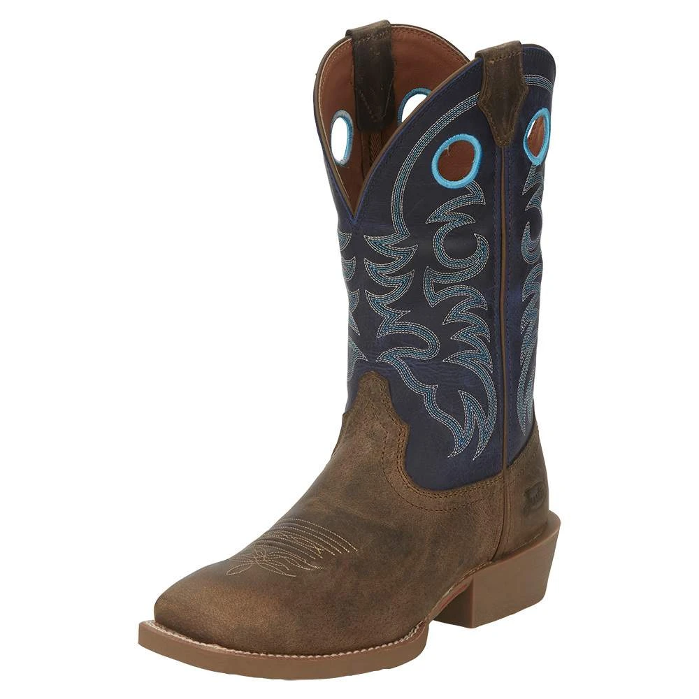 Justin Boots Men's Stampede Peanut Tan 12in Yale Blue Top Square Toe Boot 1 Justin Boots Men's Stampede Peanut Tan 12in Yale Blue Top Square Toe Boot