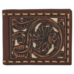 Tony Lama Mens Large BiFold Wallet Tooling W/Rawhide Lacing