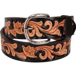 Double J Saddlery Double J Hand-Tooled Floral Black Dyed Belt