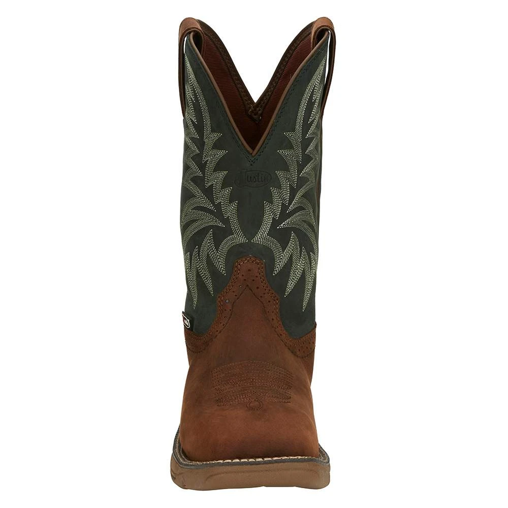Justin Boots Men's Pecan Brown Water Buffalo 11 Forest Green Top Work Boot 2 Justin Boots Men's Pecan Brown Water Buffalo 11 Forest Green Top Work Boot - Image 2
